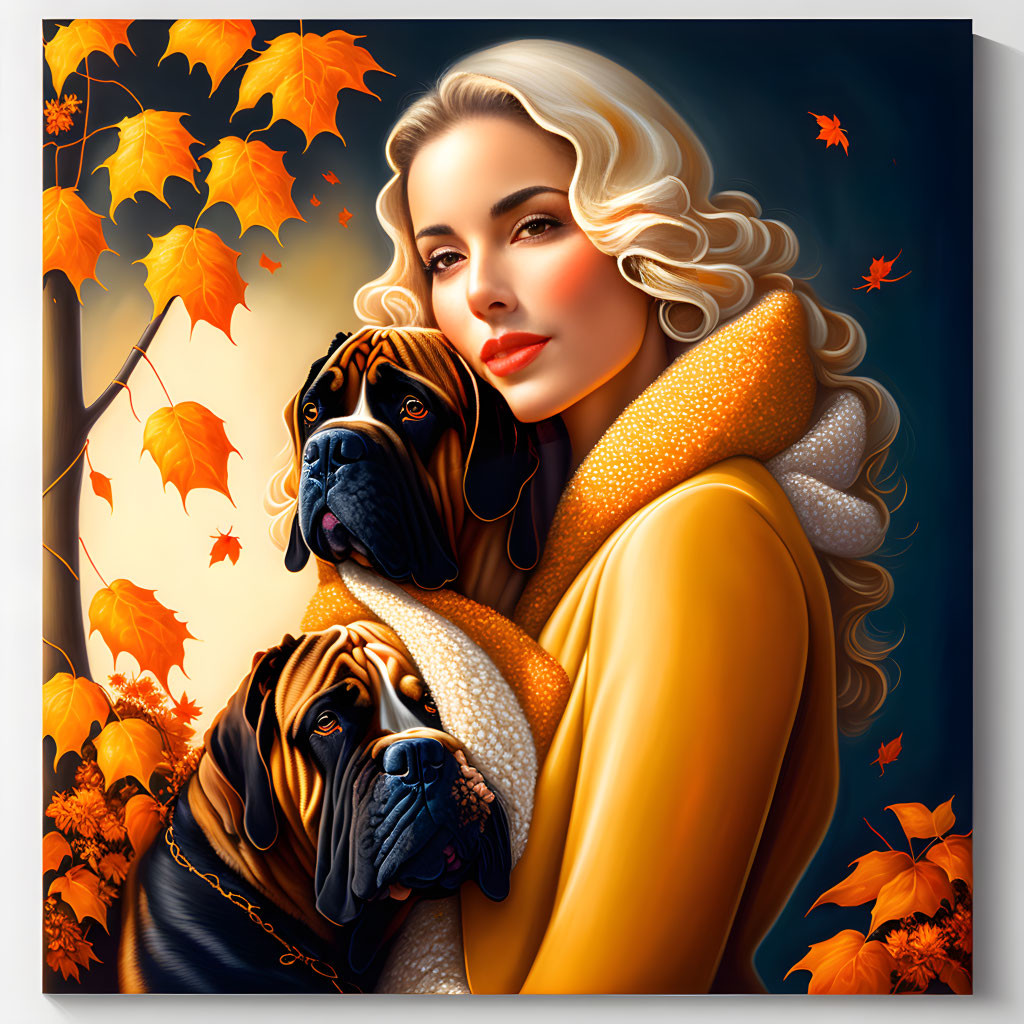 Blonde woman with yellow scarf and two brown dogs in autumn setting