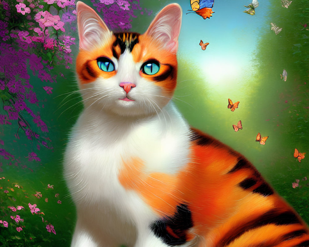 Colorful Cat Painting with Orange Stripes, Blue Eyes, Butterflies, and Pink Flowers