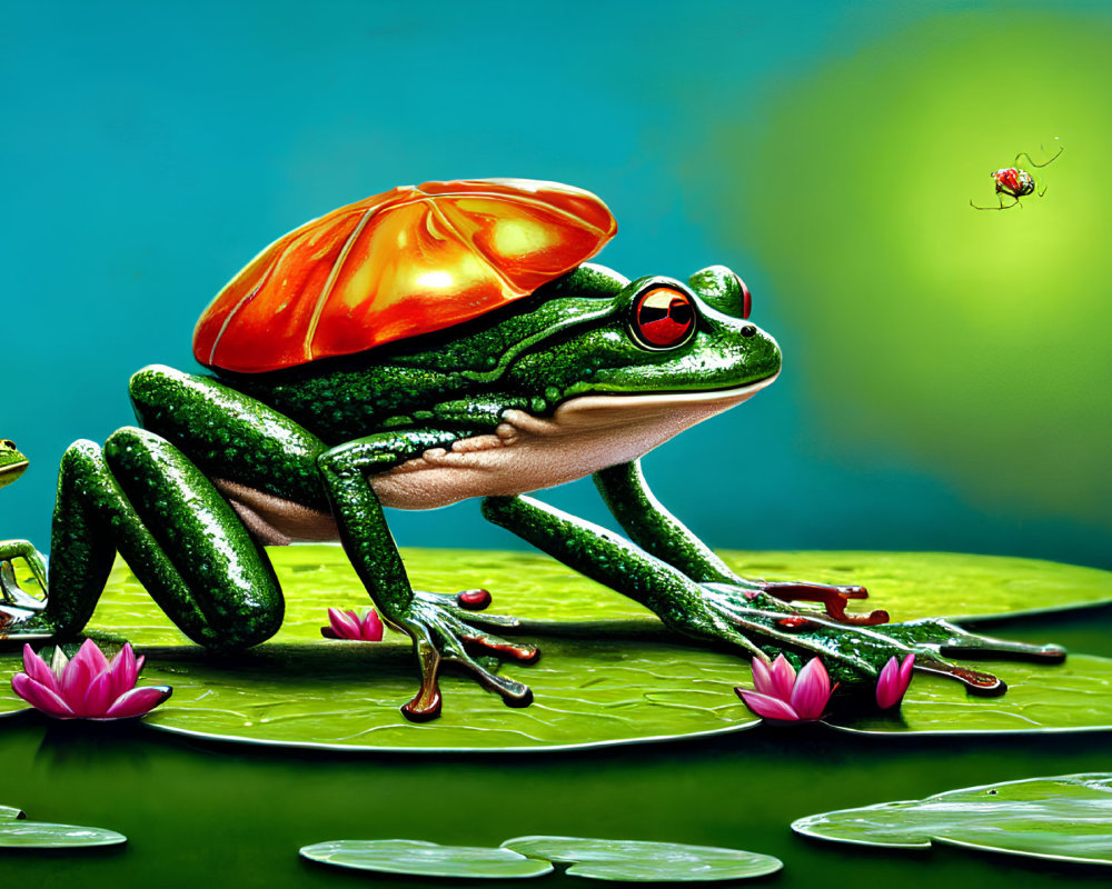 Colorful digital artwork: Green frog with tomato slice 'hat' on lily pad
