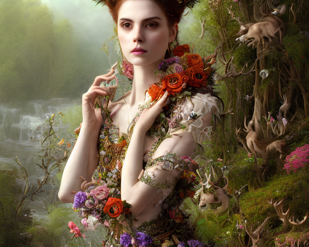 Woman with antlers and floral crown in mystical forest scene