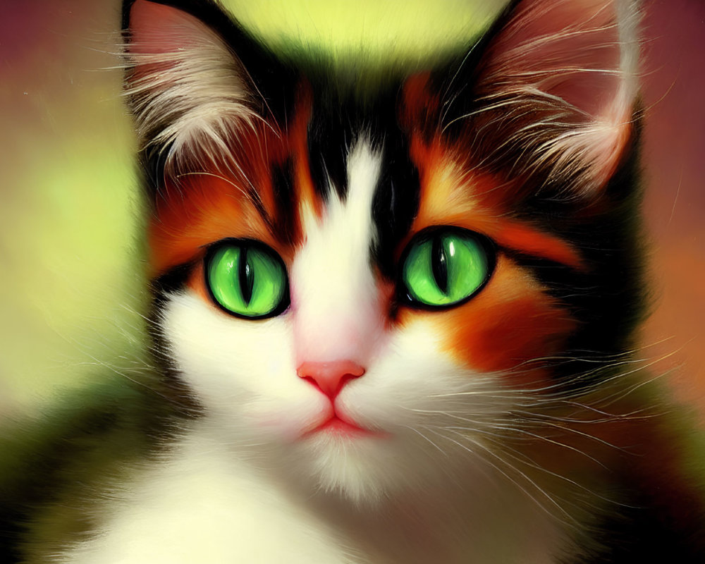Calico Cat Close-Up Portrait with Green Eyes in Warm Tones