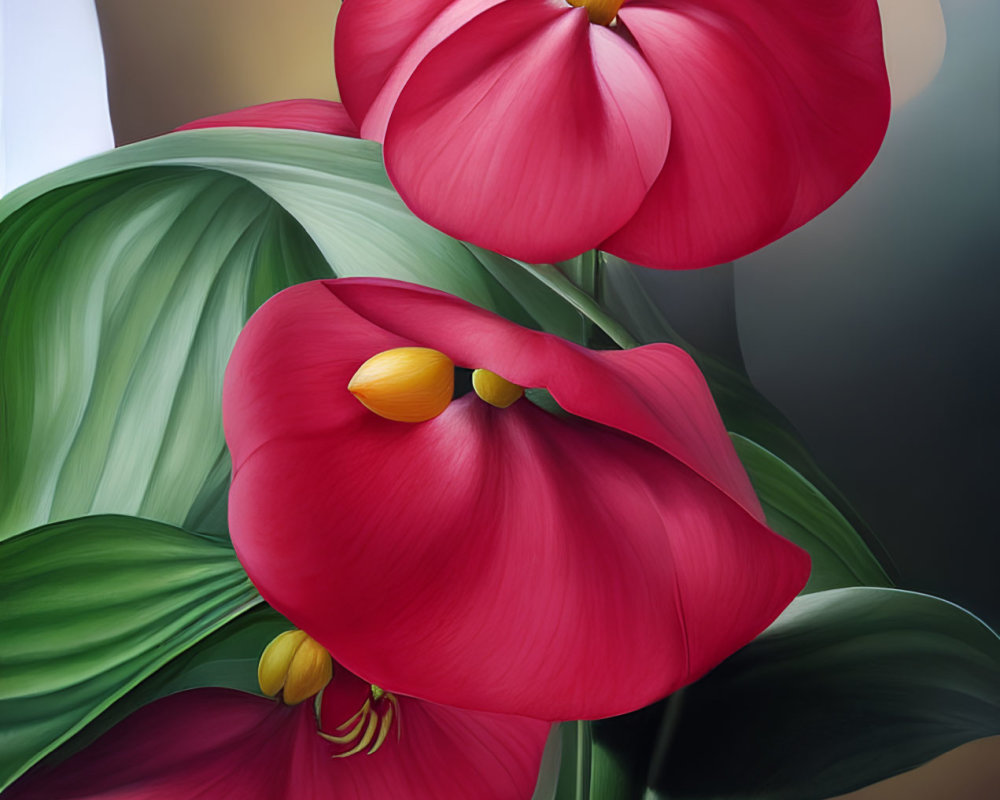 Vibrant red anthurium flowers with green leaves and yellow spadices on soft-focus background