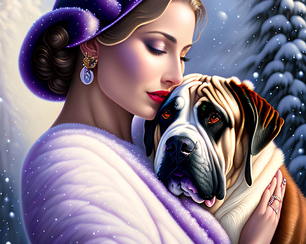 Woman with elegant makeup embracing large dog in snowy scene