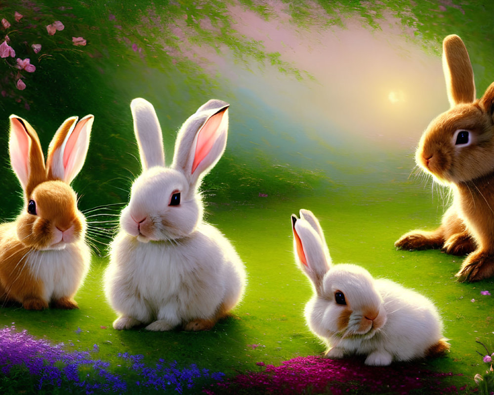 Colorful rabbits in blooming meadow with flowers