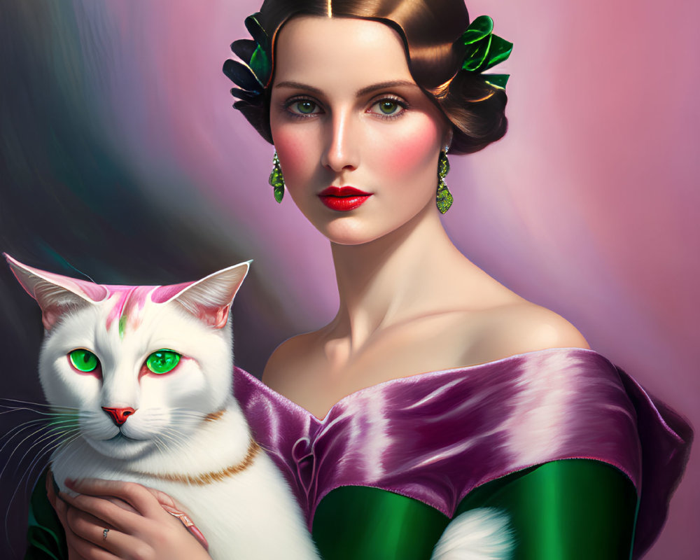 Vintage Hairstyle Woman Holding White Cat with Green Eyes on Pink Background