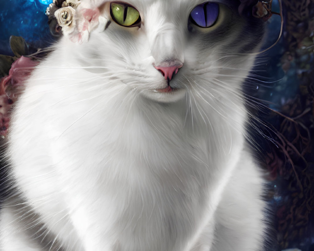 White Cat with Heterochromia in Floral Crown on Blurred Floral Background