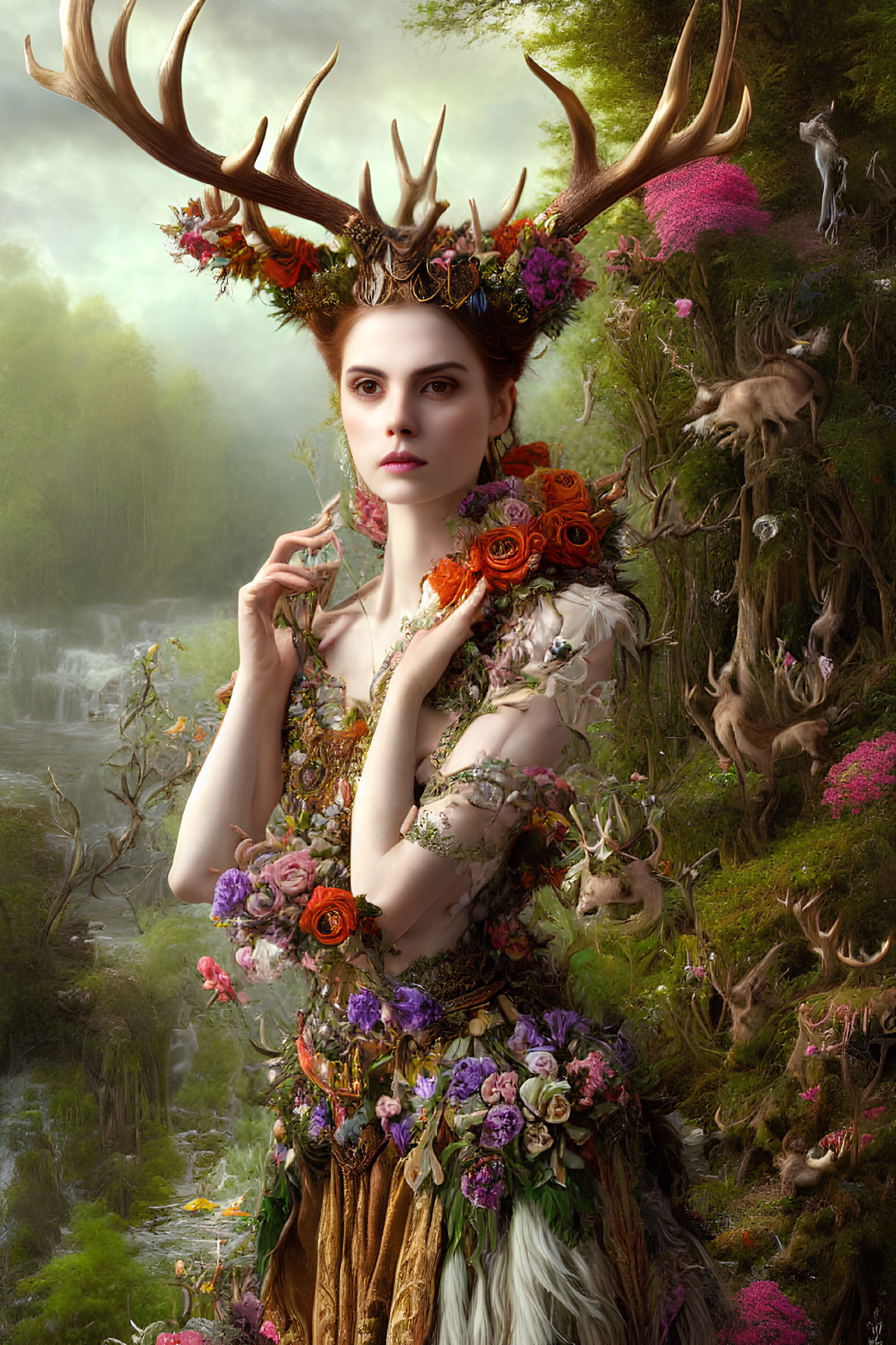 Woman with antlers and floral crown in mystical forest scene