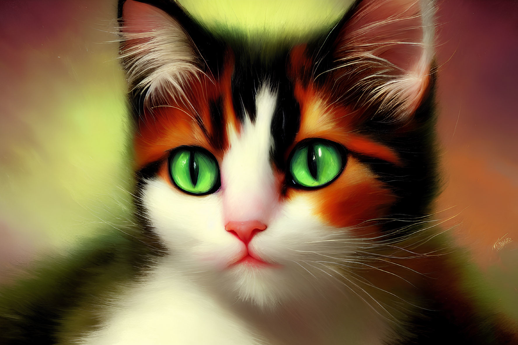 Calico Cat Close-Up Portrait with Green Eyes in Warm Tones