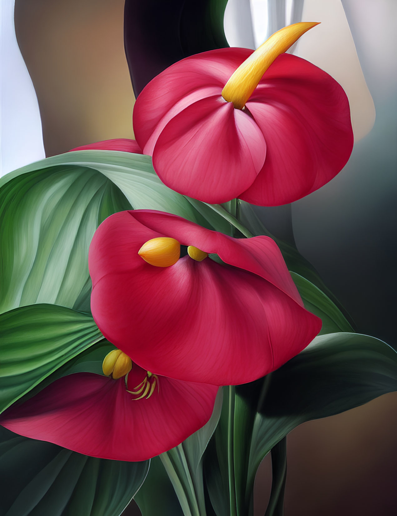 Vibrant red anthurium flowers with green leaves and yellow spadices on soft-focus background
