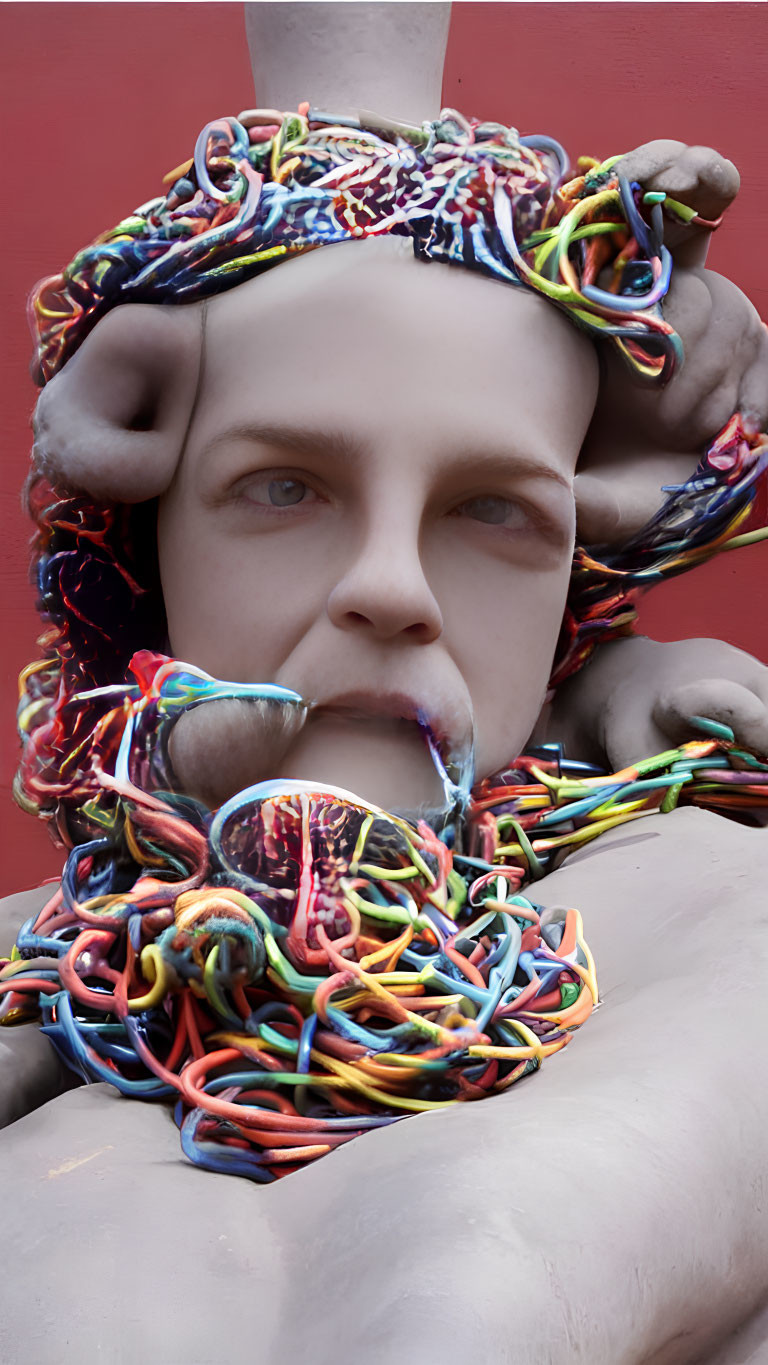 Colorful surreal sculpture of human figure with wire brain and liquid mouth