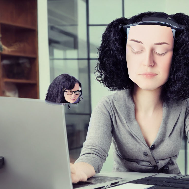Woman with miniature head headband at office desk.