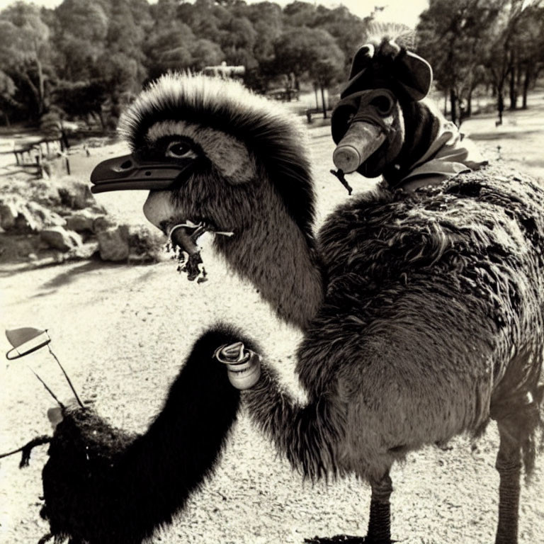 Monochrome image: ostrich in helmet with beak mask, smoking cigarette, holding can