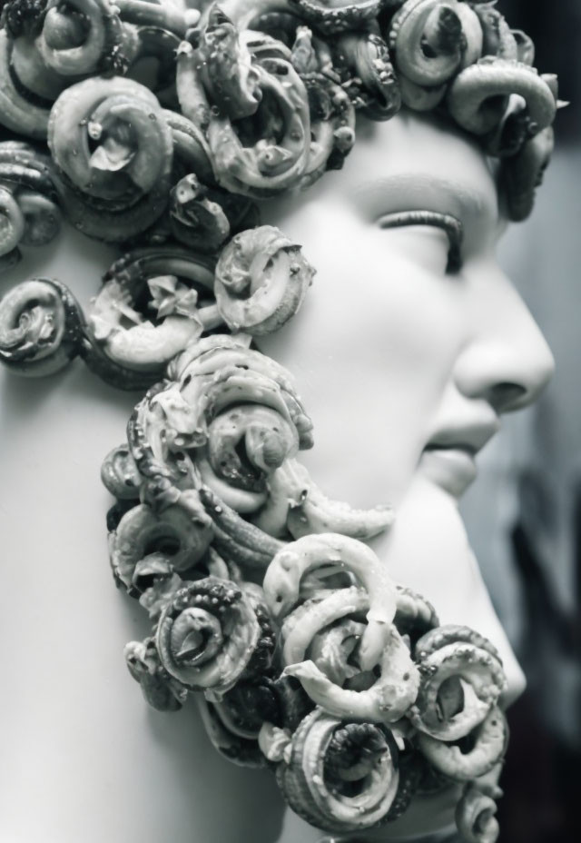 Classical statue with intricately carved curly hair resembling snakes