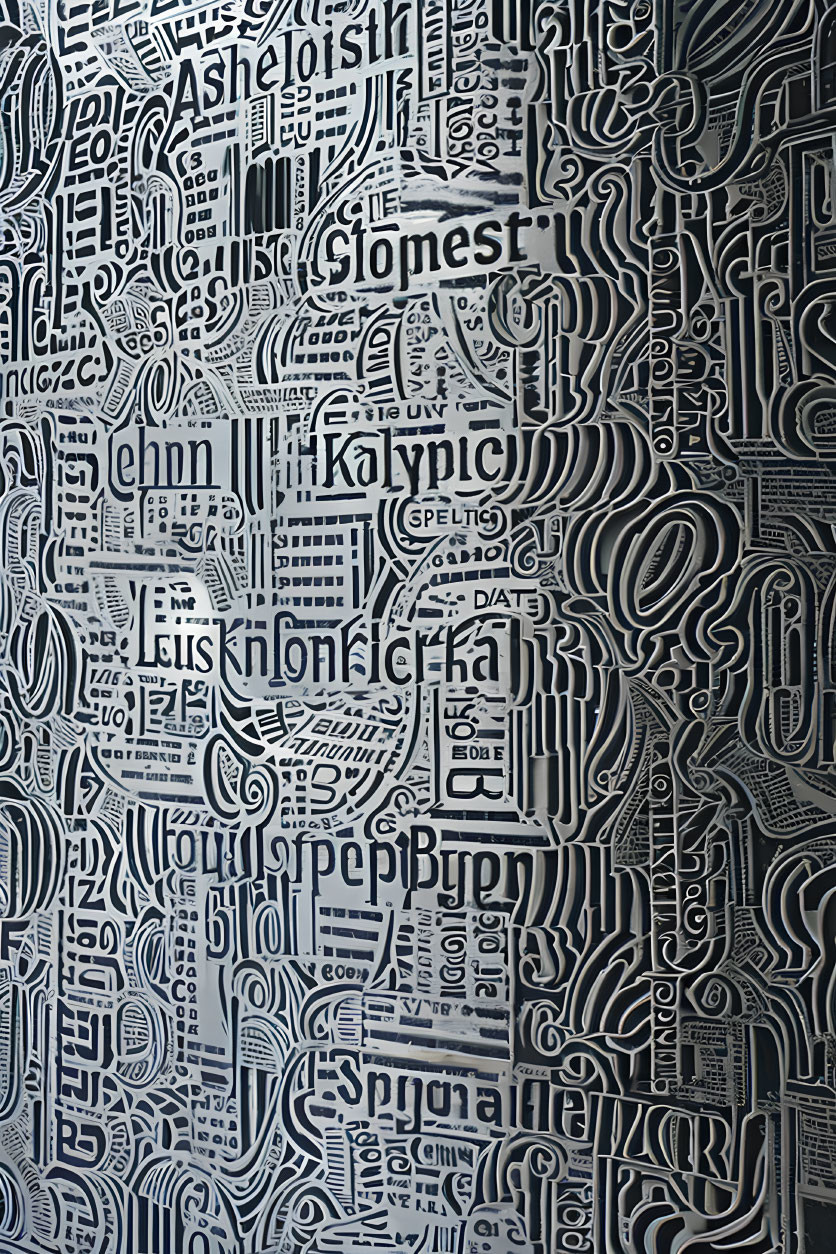 Textured monochromatic pattern with English words and abstract shapes on wall
