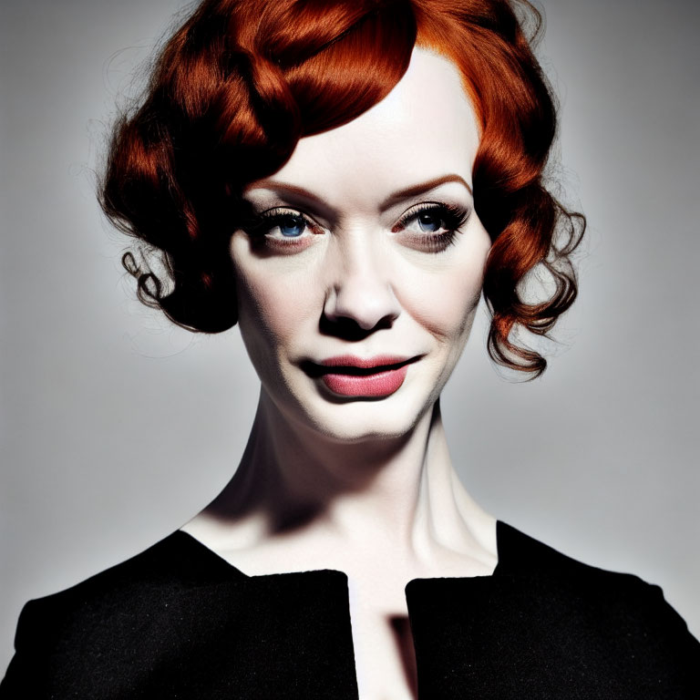 Red-haired woman in vintage waves and red lipstick, black outfit on grey background