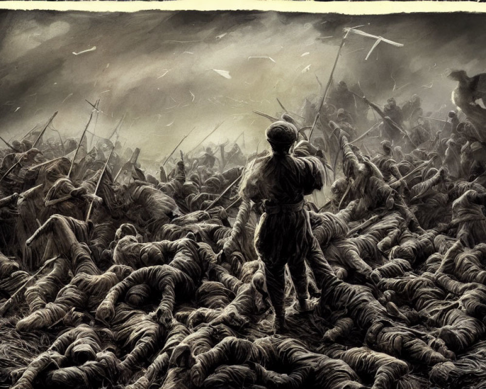 Solitary figure in chaotic battlefield with fallen soldiers and flying arrows