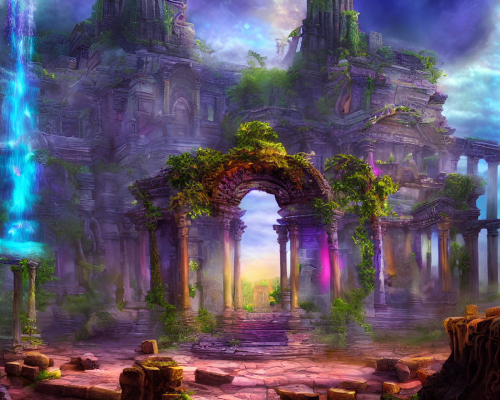 Ancient ruin with blue energy beam, greenery, purple sky