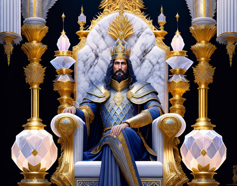 Regal figure in blue and gold armor on ornate throne with crystals