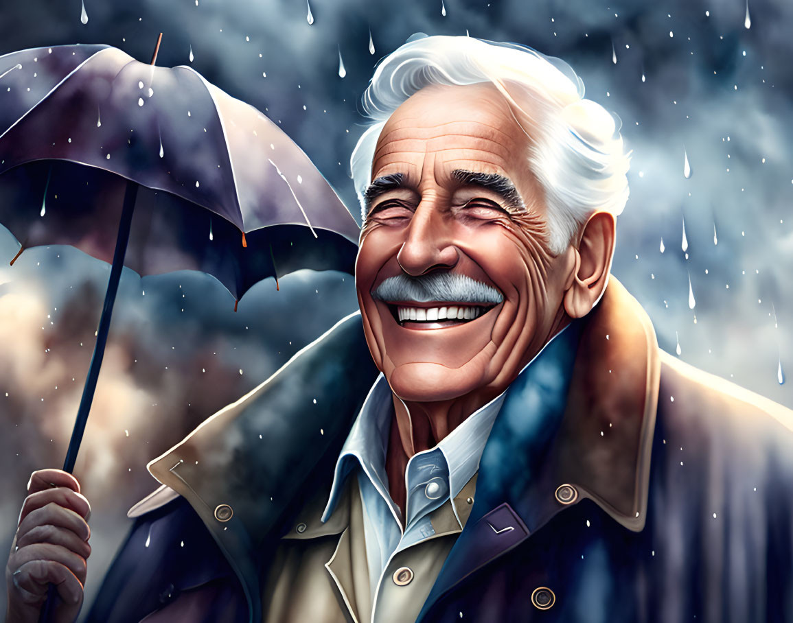 Elderly man smiling with umbrella in the rain wearing coat
