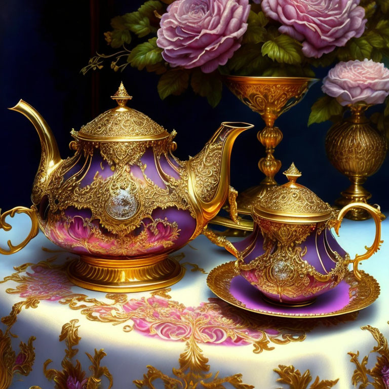 Golden teapot and cup on purple-accented tablecloth with pink roses.