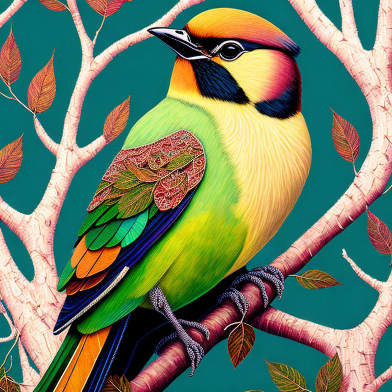 Colorful Bird Illustration with Yellow, Green, and Blue Feathers on Branch