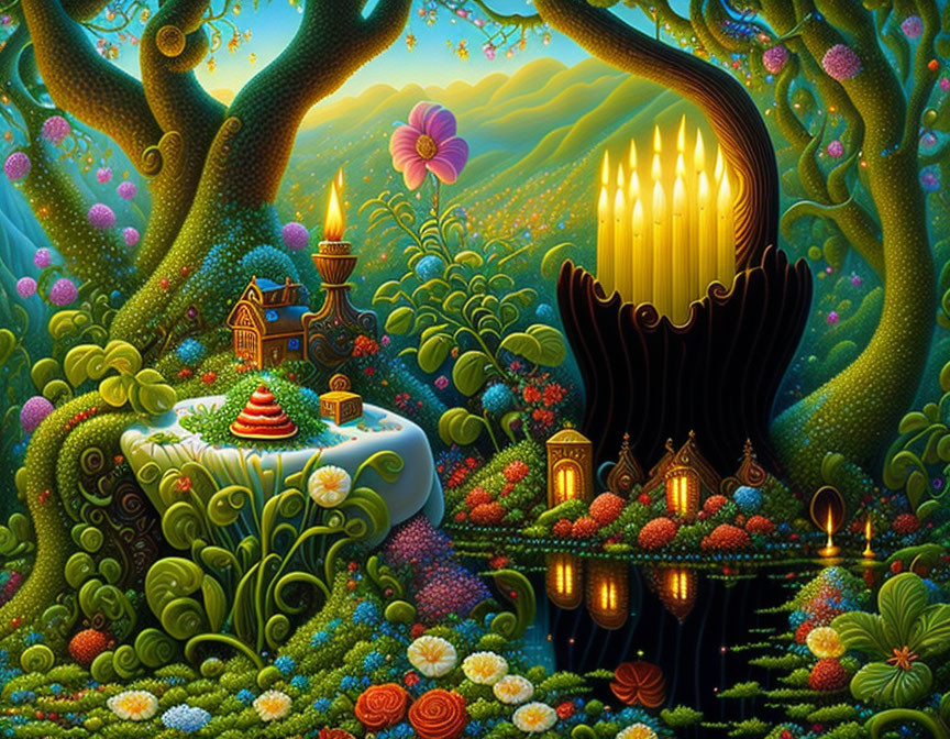 Enchanted forest scene with grand piano, glowing lanterns, and whimsical house