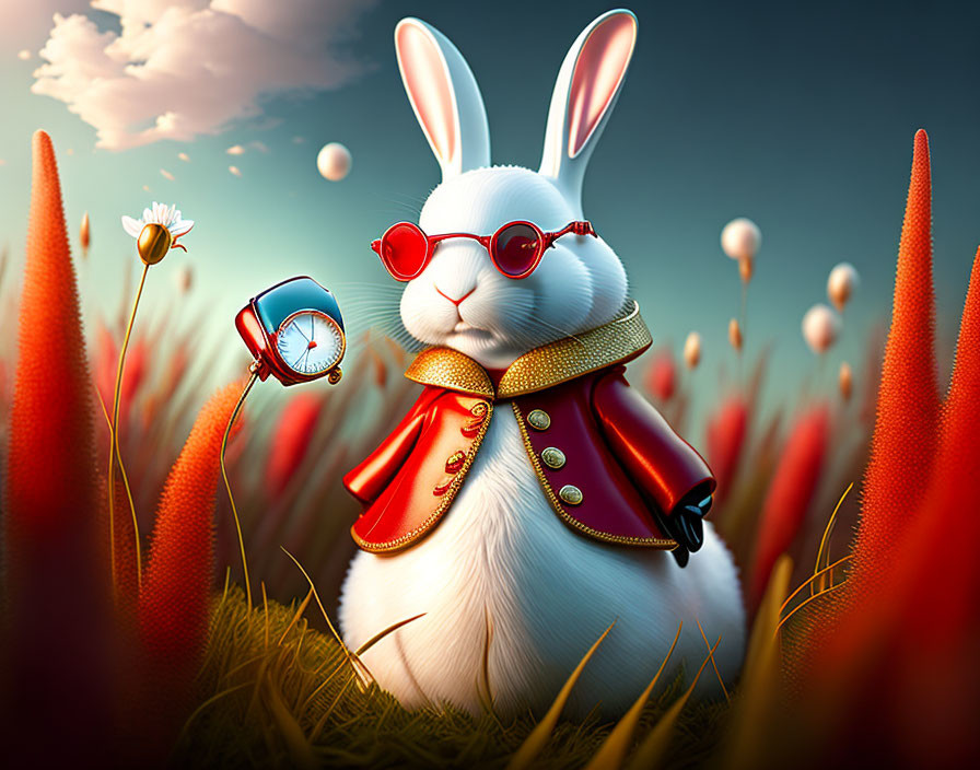 Cartoon rabbit in red sunglasses and cape with blue pocket watch in surreal field