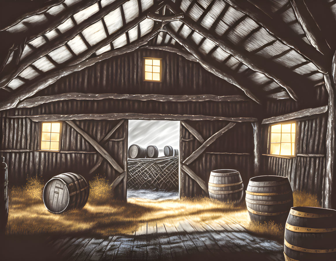 Old barrels in a deserted barn