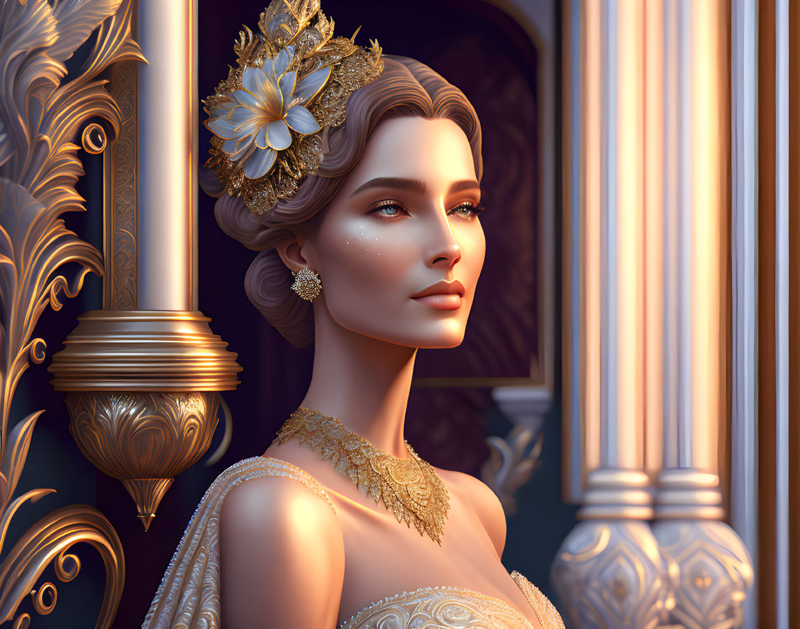 Stylized portrait of a woman with golden floral hairpiece and ornate jewelry against classical architecture