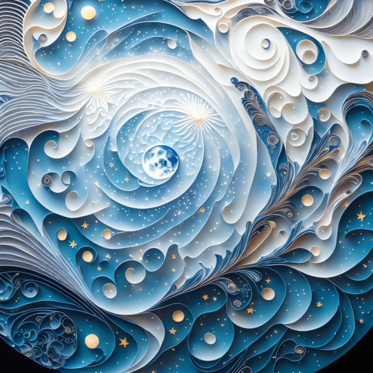Abstract cosmic illustration in blue and white swirls depicting stars and moon