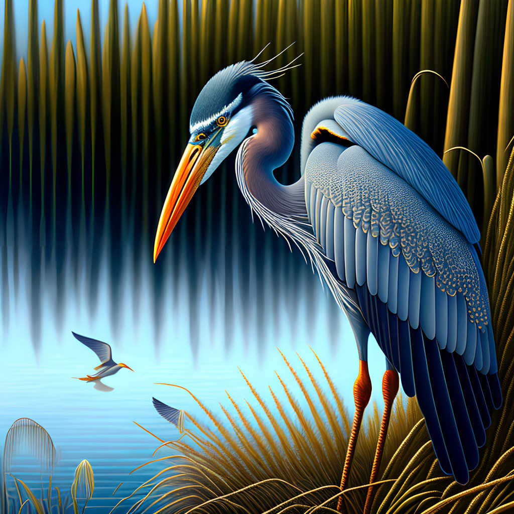Detailed digital illustration of vibrant great blue heron by water with intricate plumage and smaller bird in flight