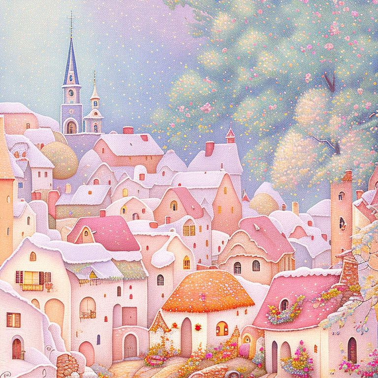 Snowy Village Illustration: Pastel Houses, Church Spire, Flowering Trees