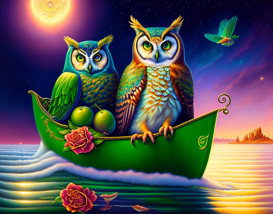 Two owls in a sea green boat