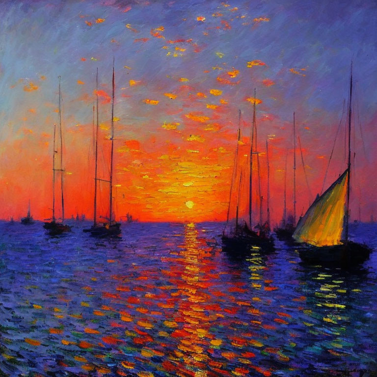 Colorful Sailboats Painting: Sunset Reflections on Water