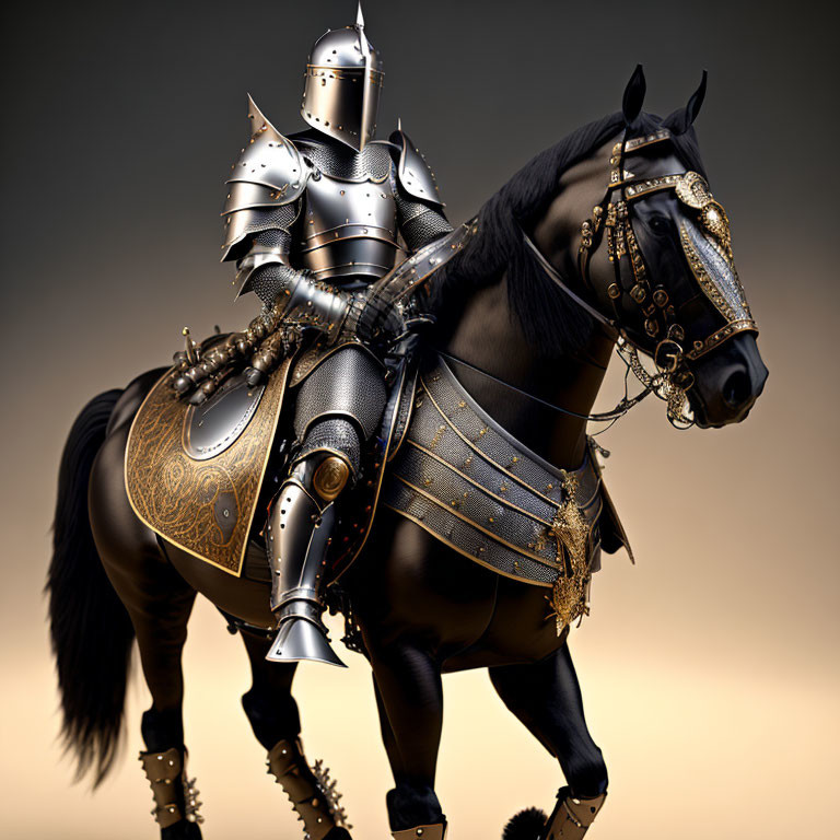Adorned horse with knight in shining armor on warm-toned backdrop