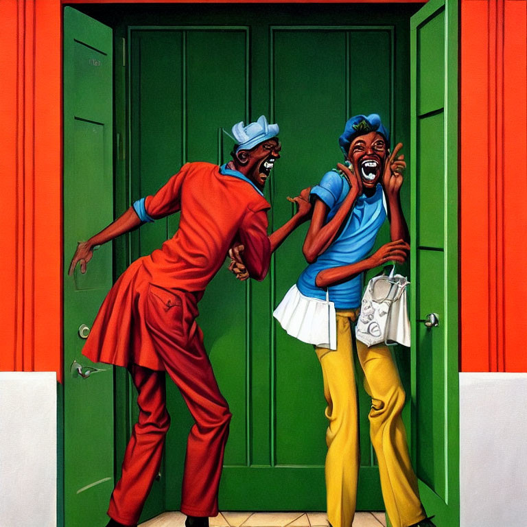 Animated man and woman in red and blue outfits show surprise in front of green doors