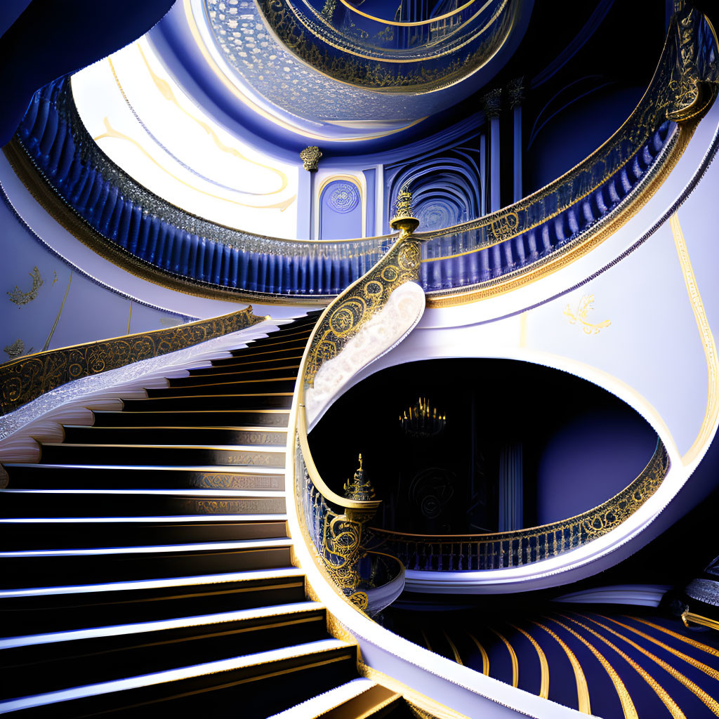 Intricate Blue and Gold Escher-Esque Staircase Artwork
