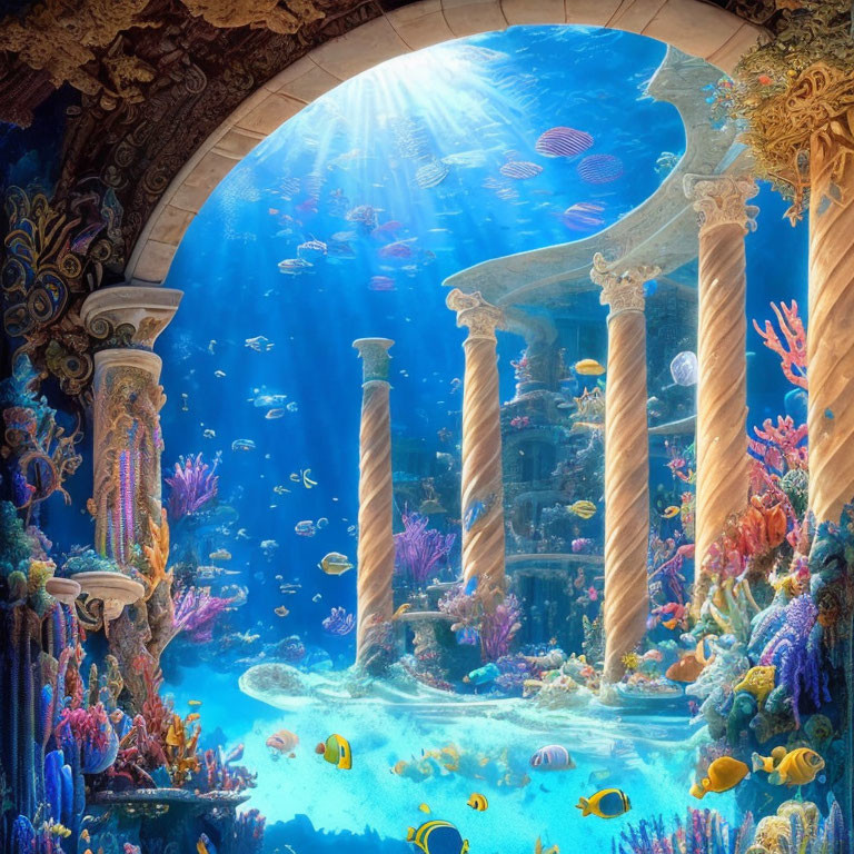 Sunlit underwater ruins with vibrant corals and swimming fish.