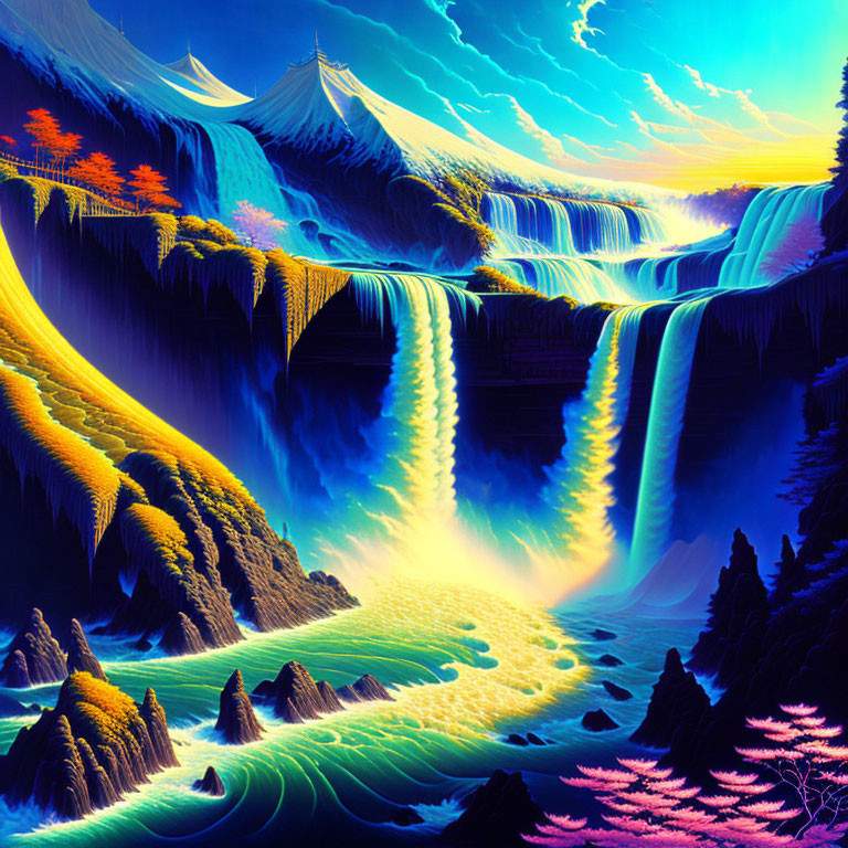 Surreal landscape with waterfalls, colorful trees, and lightning-filled sky