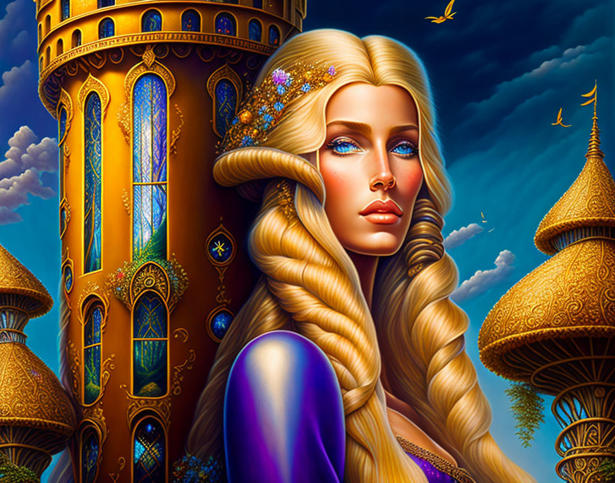 Blonde woman with braided hair next to golden fantasy tower under starry sky