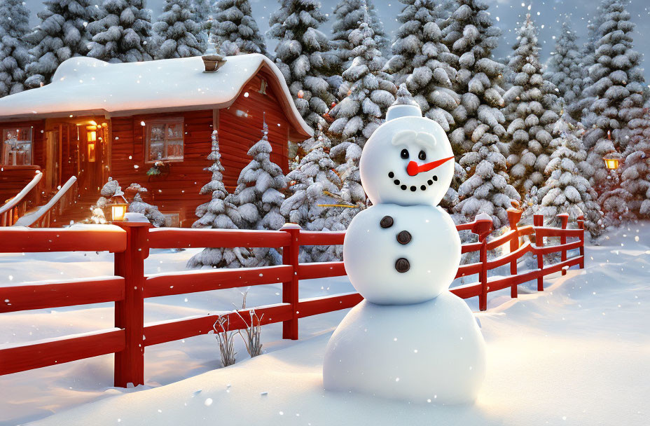 Winter Snow Scene with Snowman, Cabin, and Pine Trees