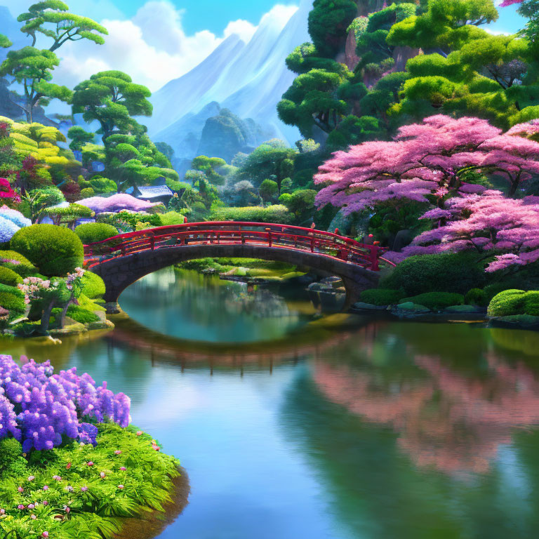 Tranquil garden with red bridge, cherry blossoms, and mountain backdrop