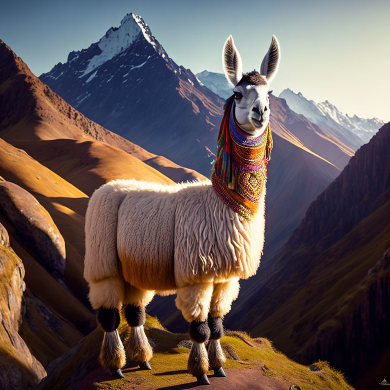 Colorful llama on mountain terrain at golden hour