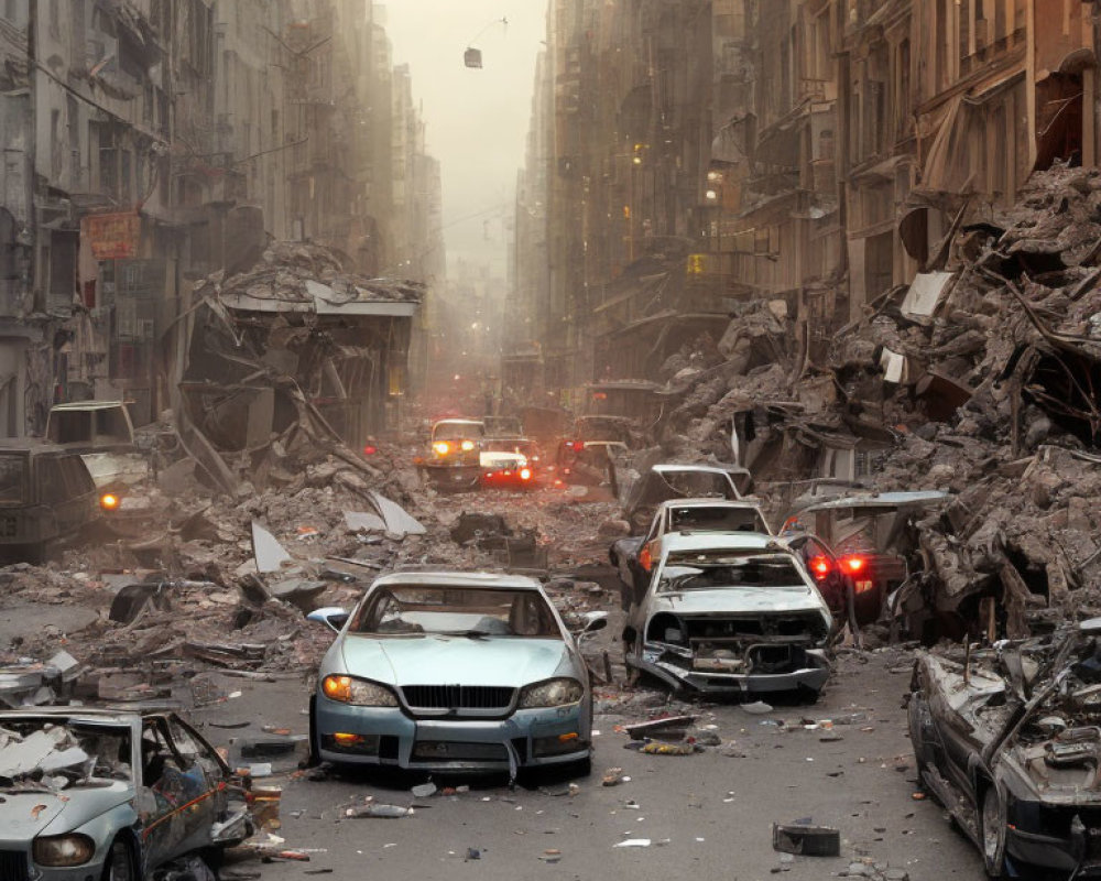 Destroyed city street with wrecked vehicles and emergency lights in distance