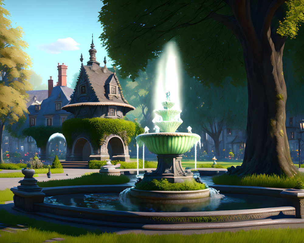 Tranquil park fountain with water jets and topiary bushes