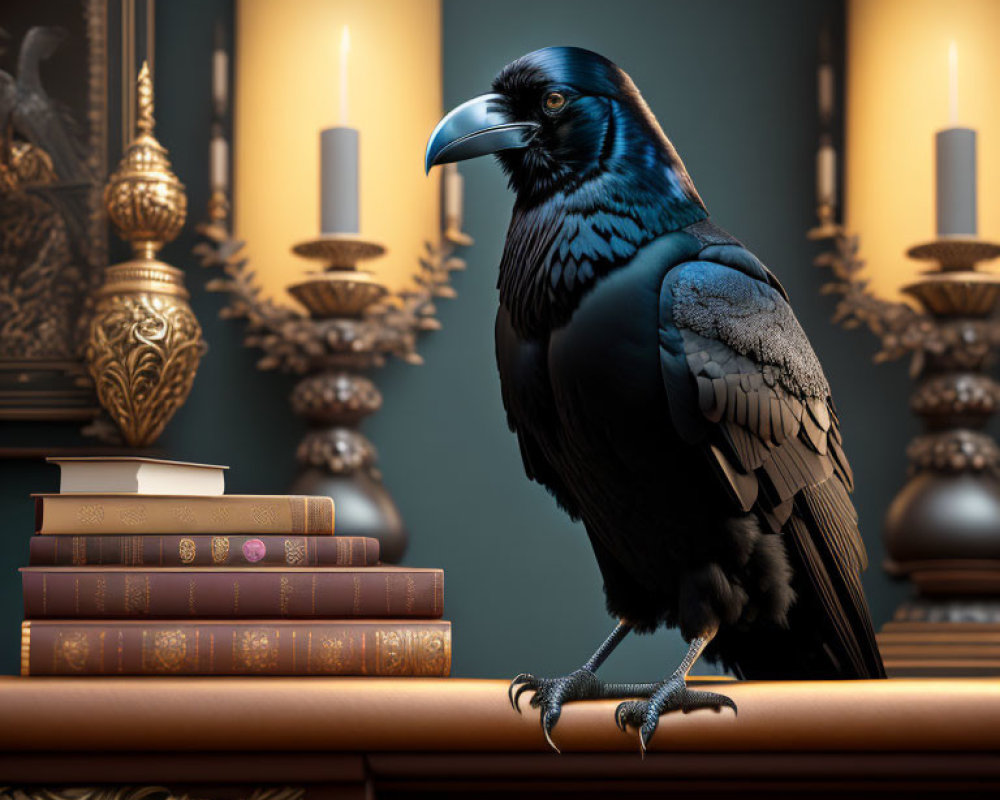 Majestic raven on wooden surface with books, candles, and golden elements