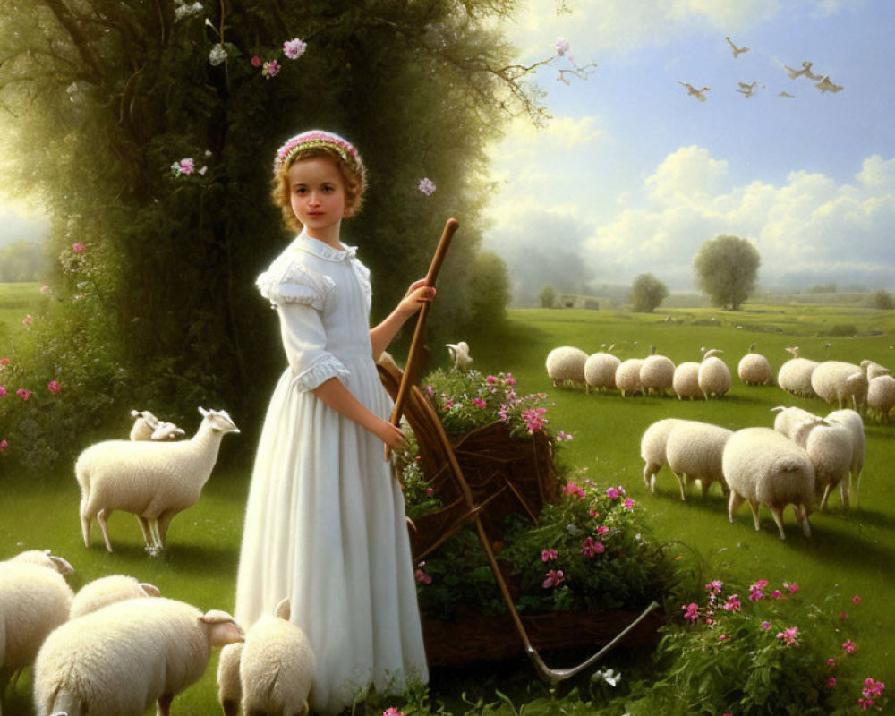 Young shepherdess in white dress with sheep and basket in bucolic field