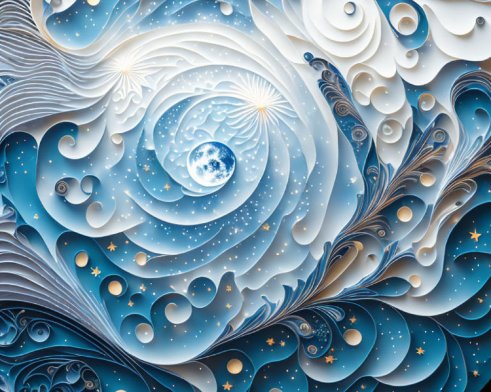 Abstract cosmic illustration in blue and white swirls depicting stars and moon