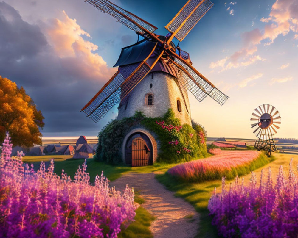 Traditional windmill surrounded by purple flowers and windpump under colorful sunset sky