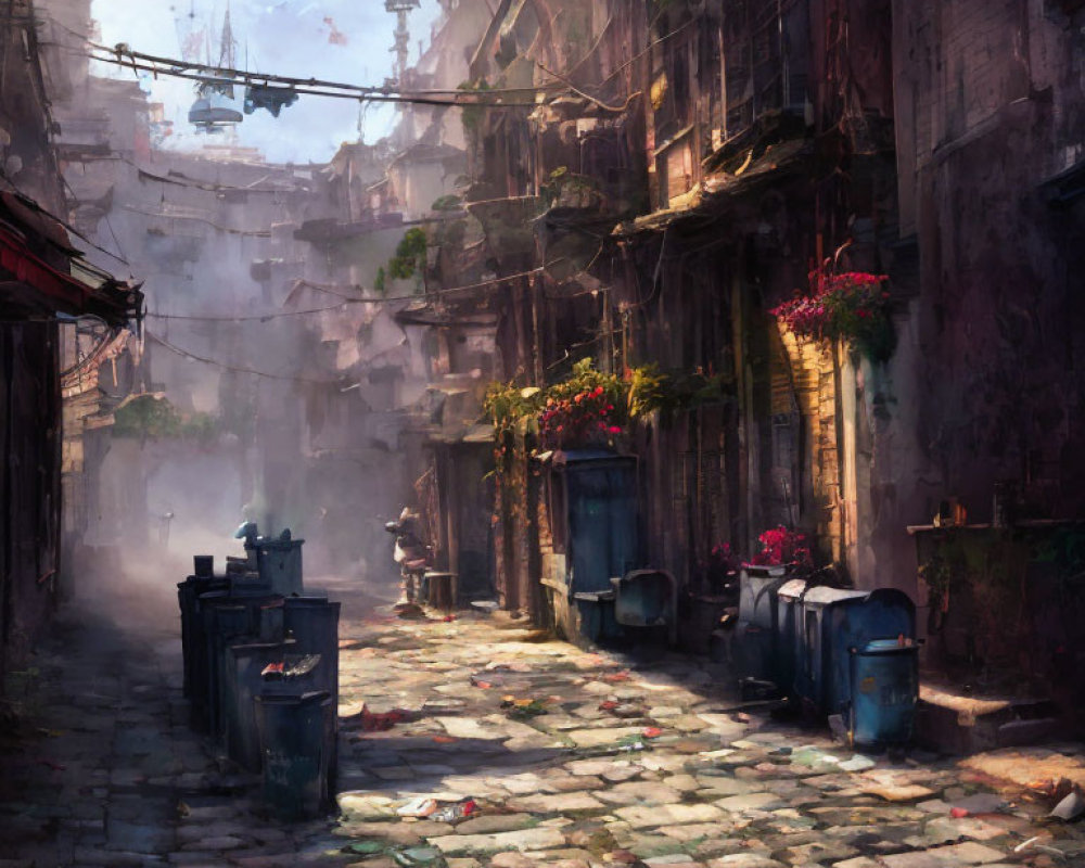 Gritty urban alley with worn buildings and flower baskets